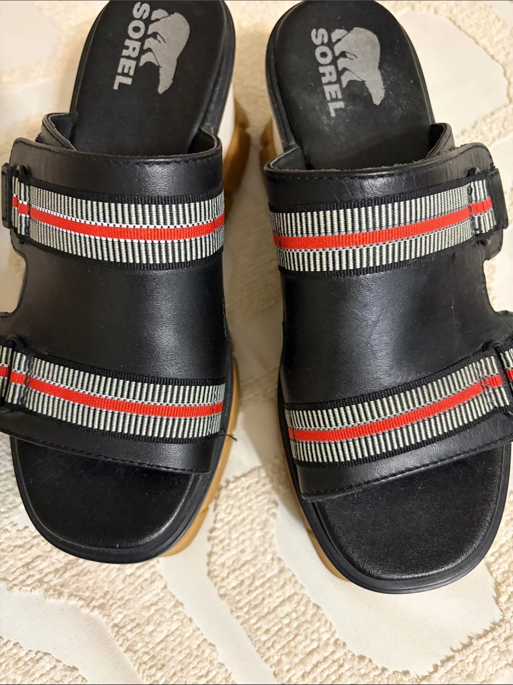 Sorel Black Sandal Slides with Red and White Striped Webbing
